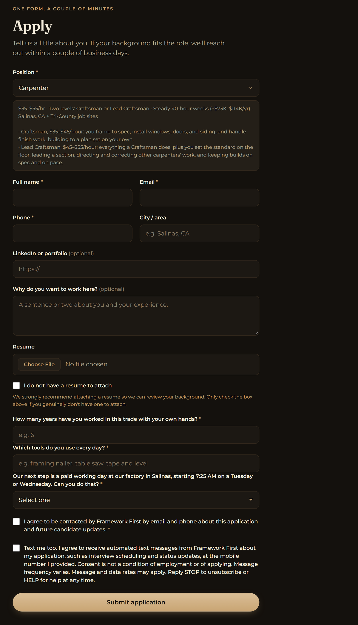 The Framework First job application at apply.frameworkfirst.com showing the phone field and the unchecked Text me too consent checkbox with its full disclosure, above the Submit application button.