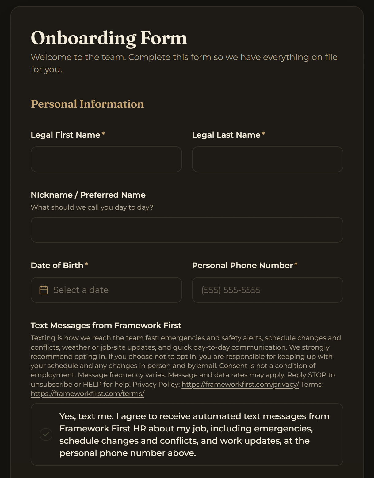 The Framework First onboarding form showing the personal phone field and the unchecked Yes, text me consent checkbox with its full disclosure.